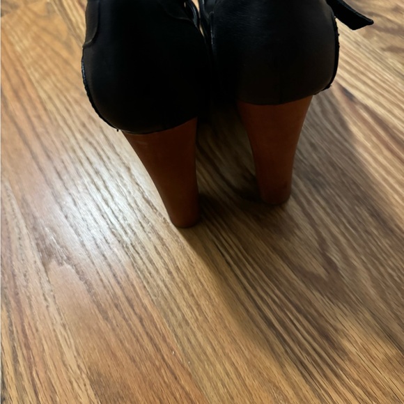 Jeffrey Campbell Black Leather Wood Platform High Heel Sandals Peep Toe - Picture 5 of 8